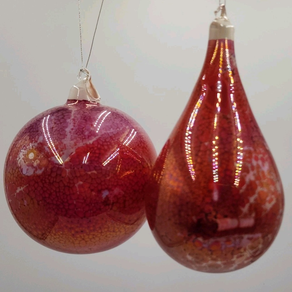 Vintage Silvestri Hand Blown Glass Ornament Pink Crackled Holiday Bauble 2 Piece